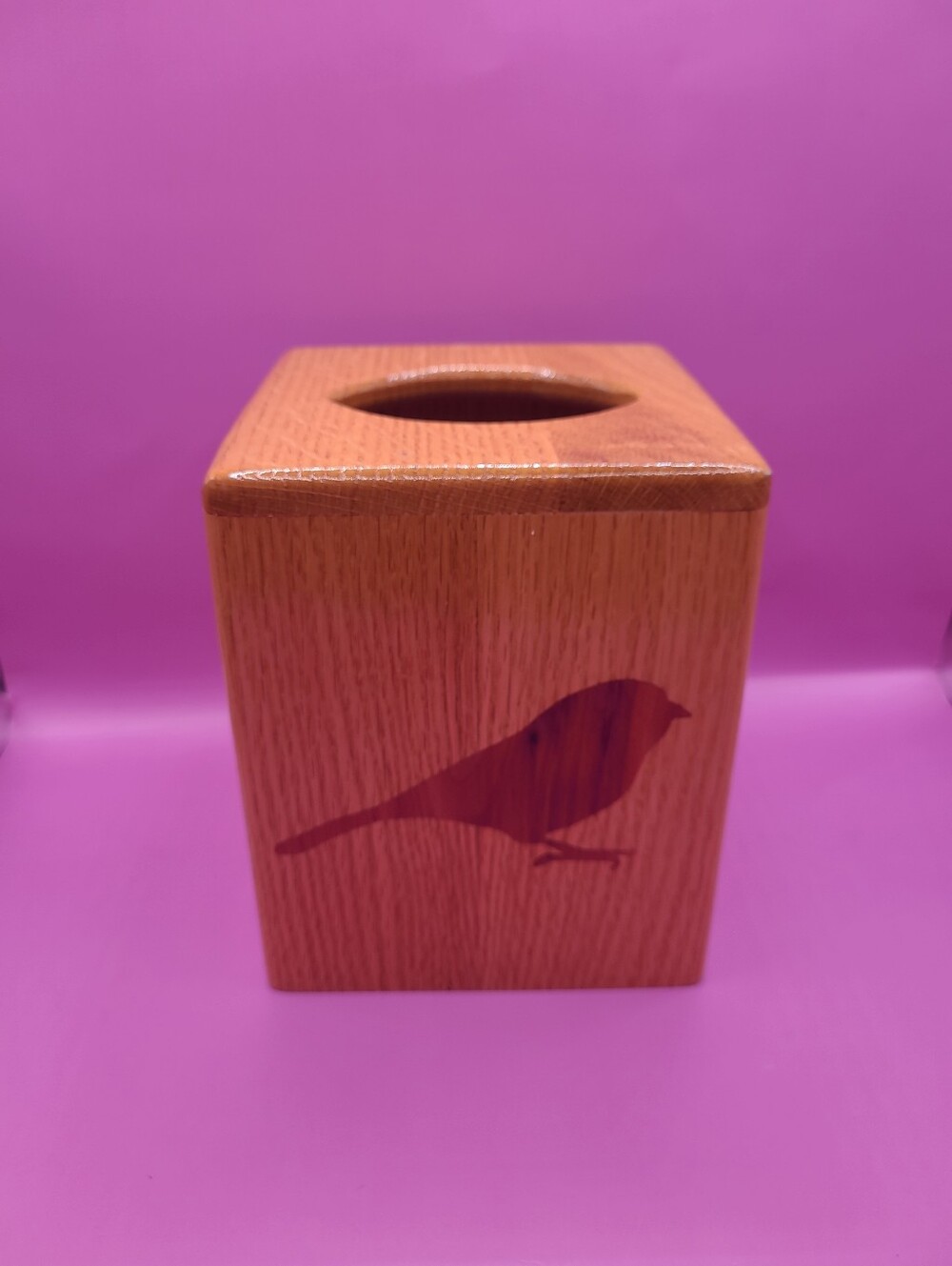 VTG Handmade Wooden Tissue Box Holder Bird Inlay Oak Accent